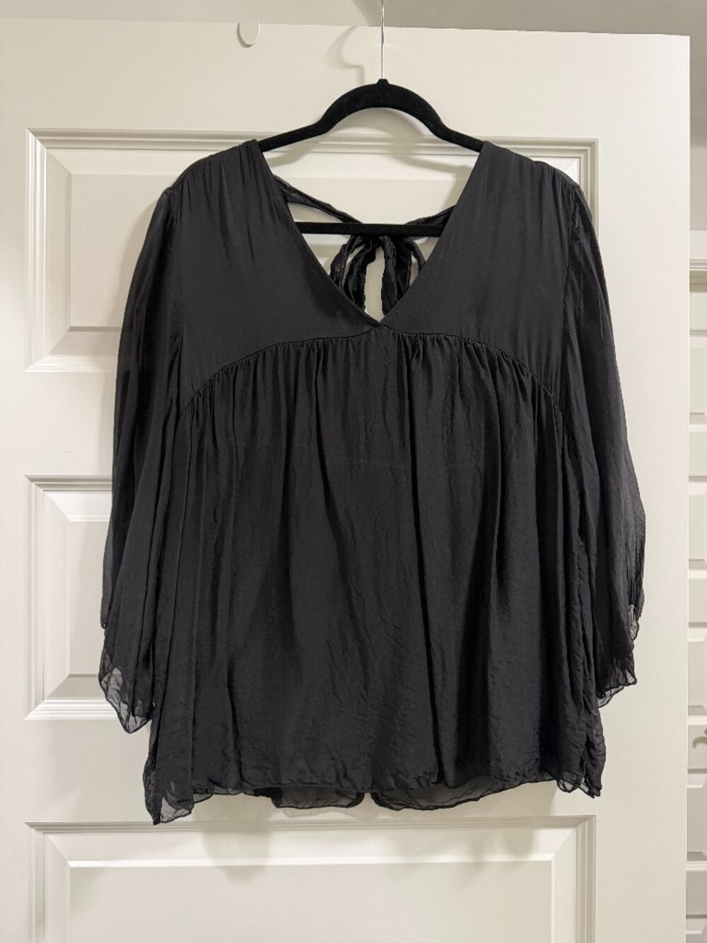 Black Sheer Sleeve Cobblestone Living Italian V Neck Silk top